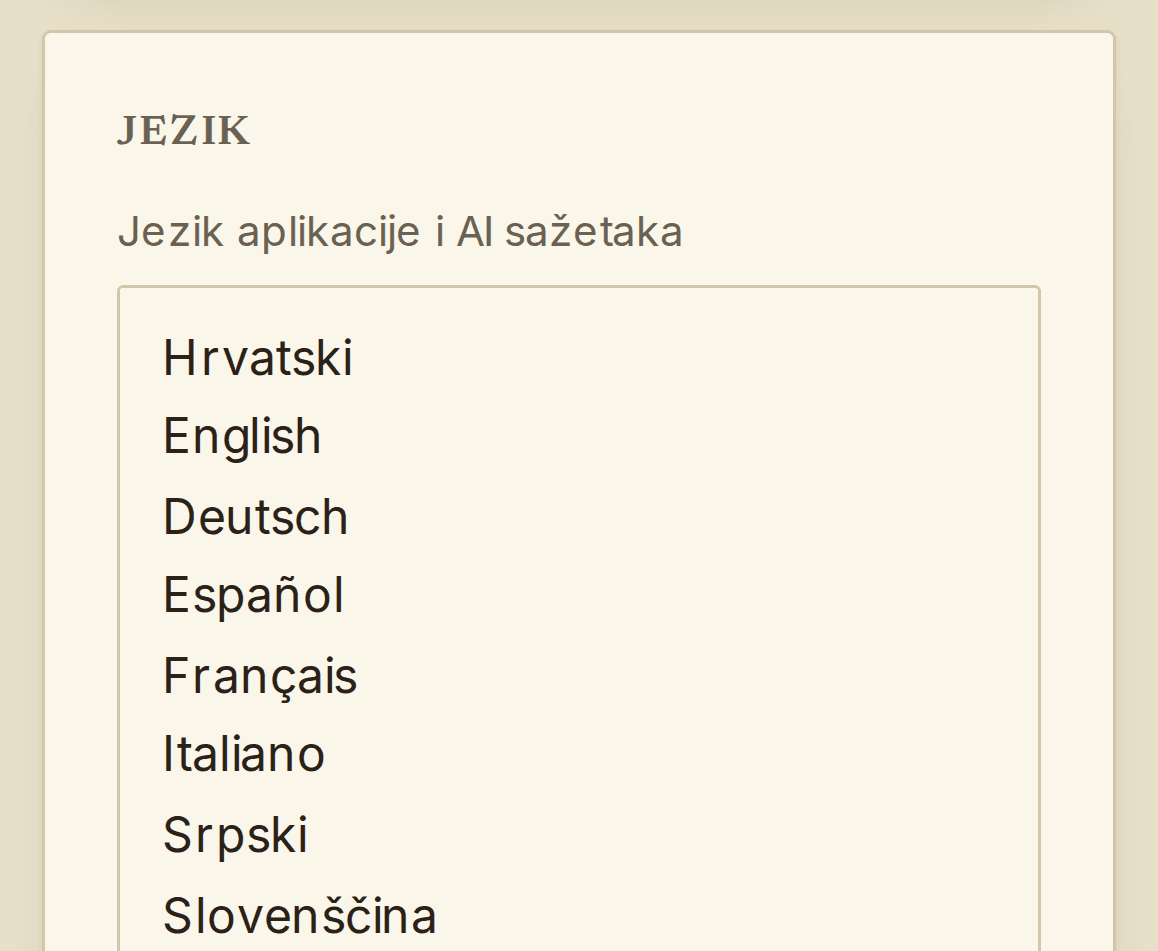 Postavka jezika s popisom osam jezika sučelja.