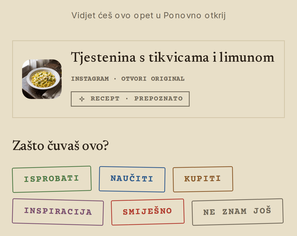 Spremanje isječka i izbor namjere: isprobati, naučiti, kupiti.